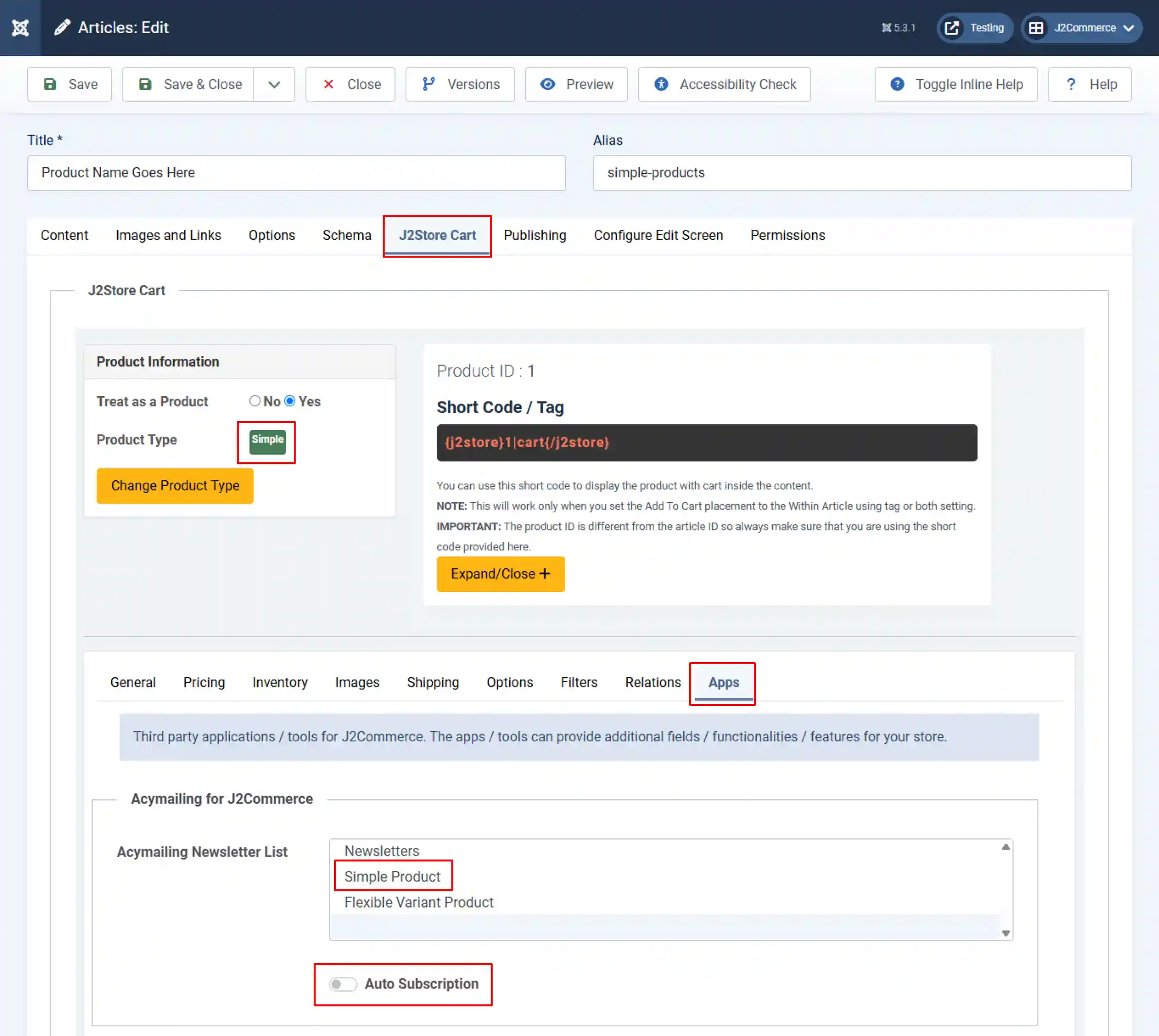 Joomla Articles: Edit, J2Store Cart tab and Apps sub-tab highlighted: Product Type Simple, Acymailing Newsletter List with Simple Product highlighted, Auto Subscription toggle