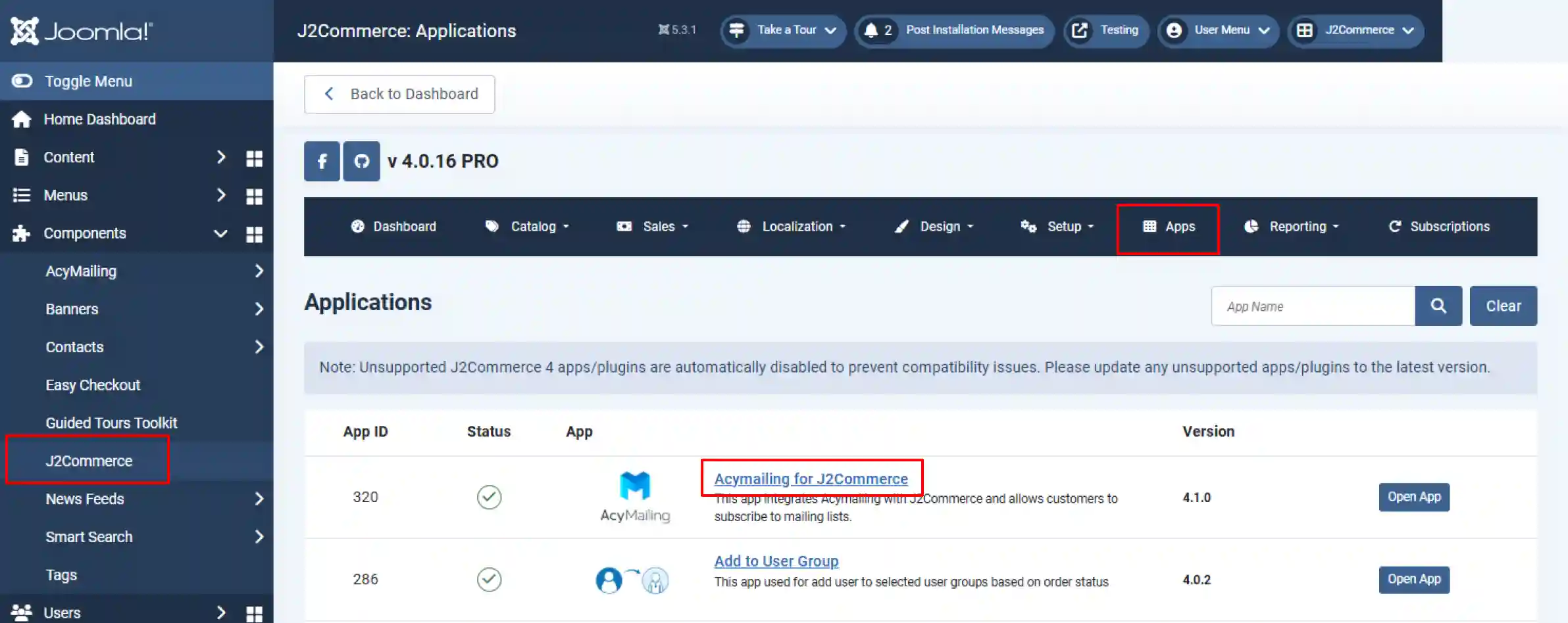 J2Commerce Applications list with J2Commerce in the sidebar and Apps menu highlighted, and the Acymailing for J2Commerce app title highlighted