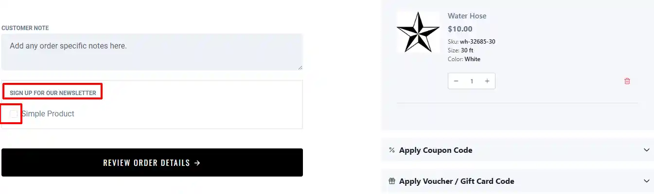 Checkout page with the Sign Up for Our Newsletter heading and the Simple Product checkbox highlighted above the Review Order Details button