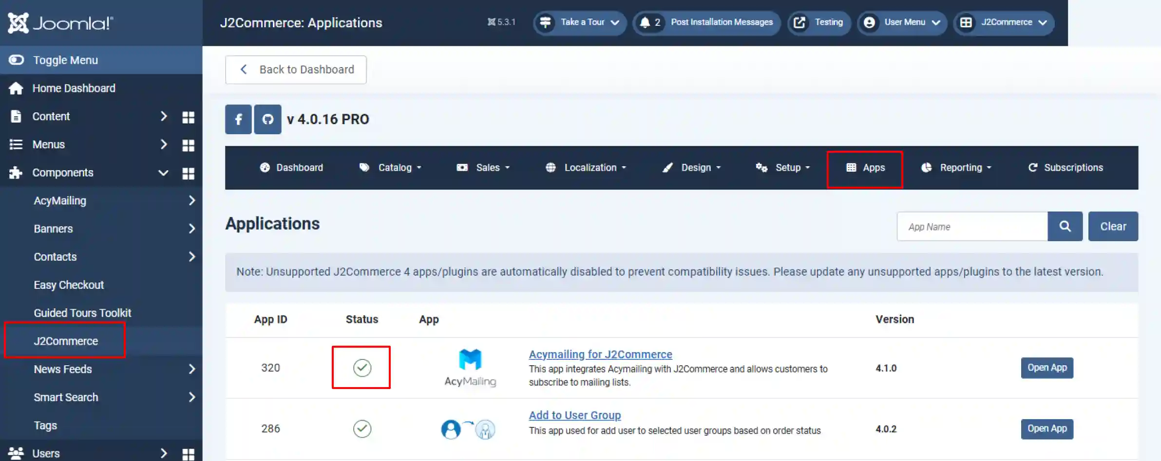 J2Commerce Applications list with J2Commerce and Apps highlighted and the enabled status check for the Acymailing for J2Commerce app highlighted