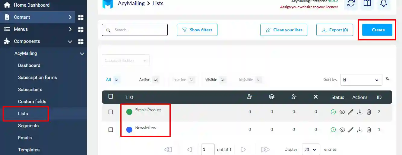 AcyMailing Lists screen with Lists highlighted in the sidebar, the Create button highlighted, and the Simple Product and Newsletters lists shown