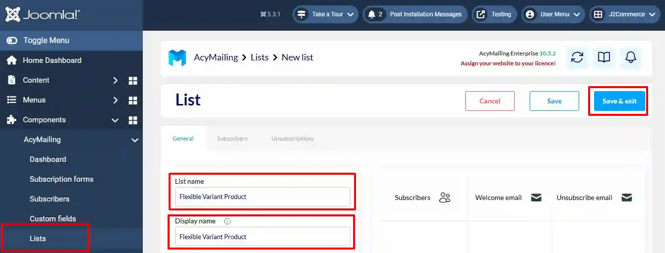 AcyMailing New list form with List name and Display name set to Flexible Variant Product, and the Save & exit button highlighted