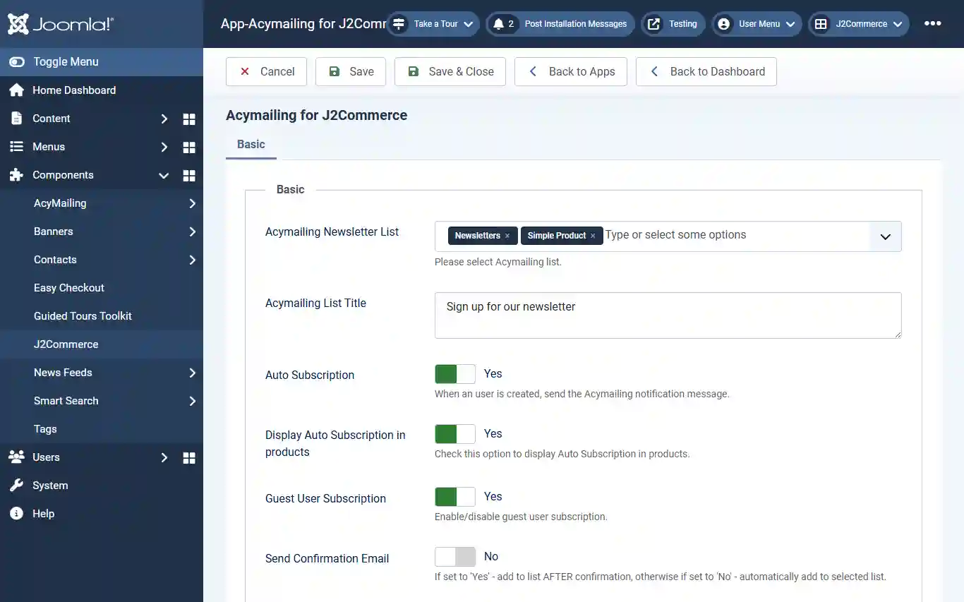 Acymailing for J2Commerce app, Basic tab: Newsletters and Simple Product lists selected, list title text set, Auto Subscription, product display and Guest User Subscription Yes