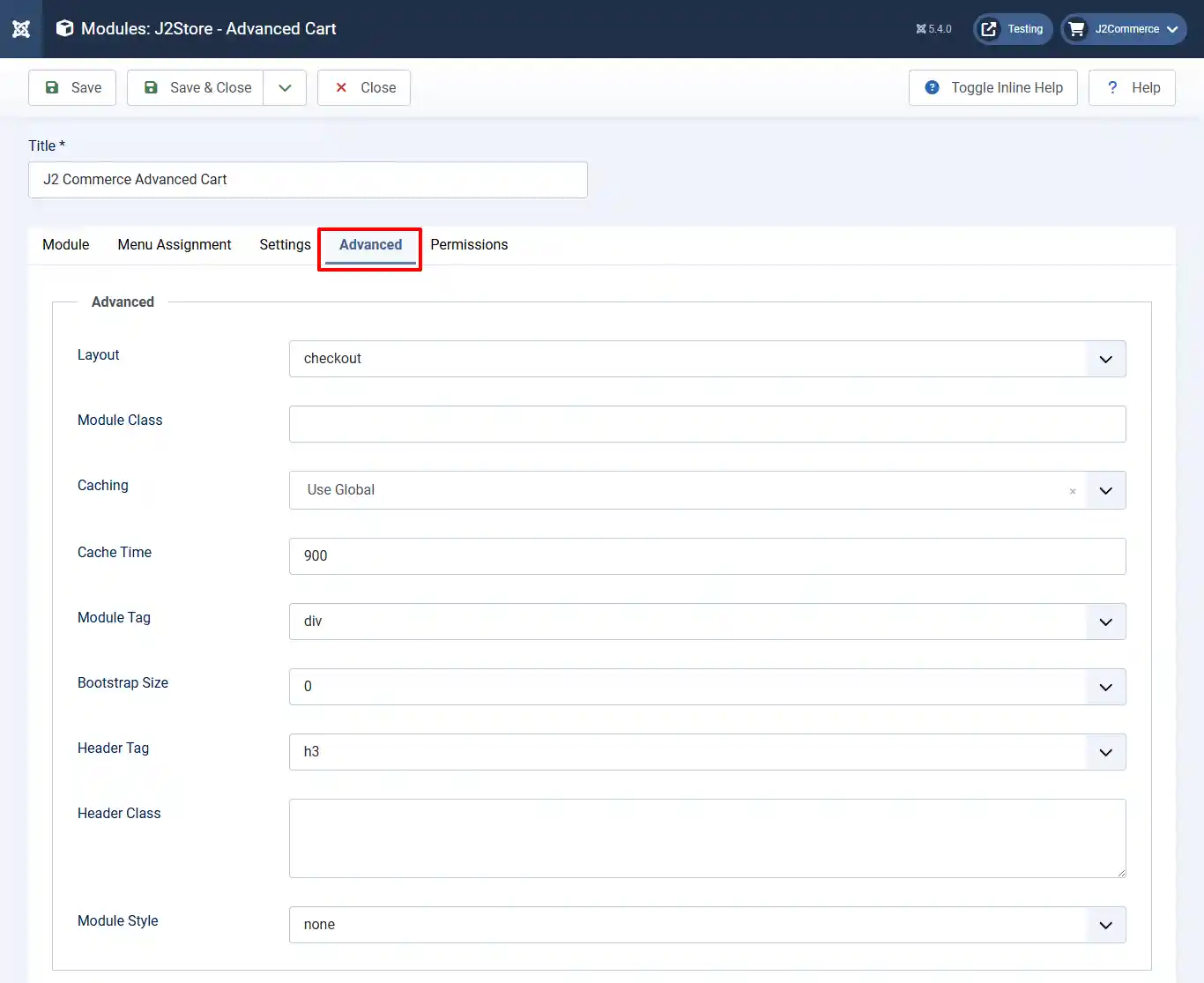Advanced Cart module, Advanced tab highlighted: Layout set to checkout, Caching Use Global, Cache Time 900, Module Tag div, Header Tag h3