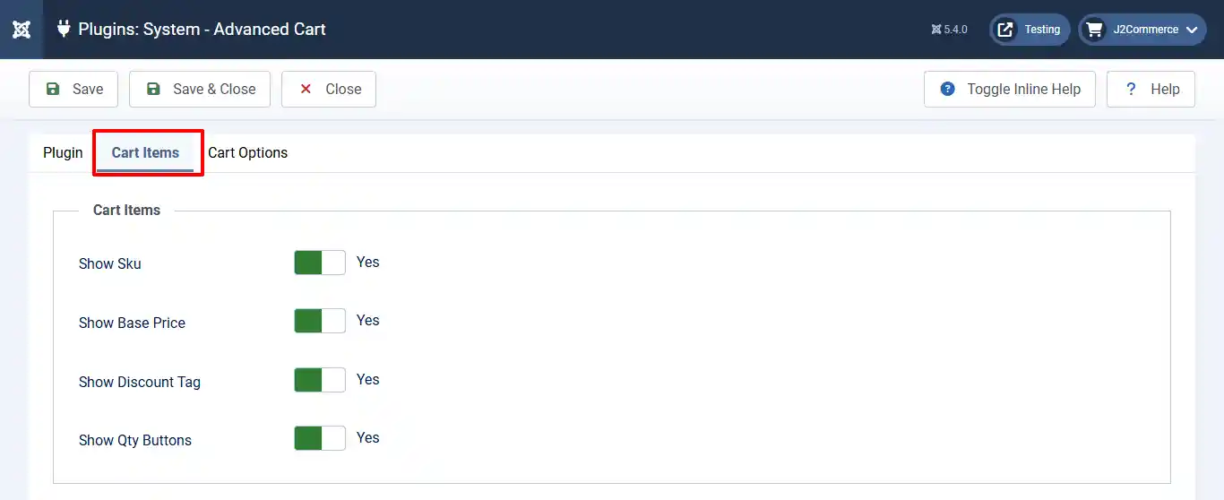 Advanced Cart system plugin, Cart Items tab highlighted: Show Sku, Show Base Price, Show Discount Tag and Show Qty Buttons all set to Yes