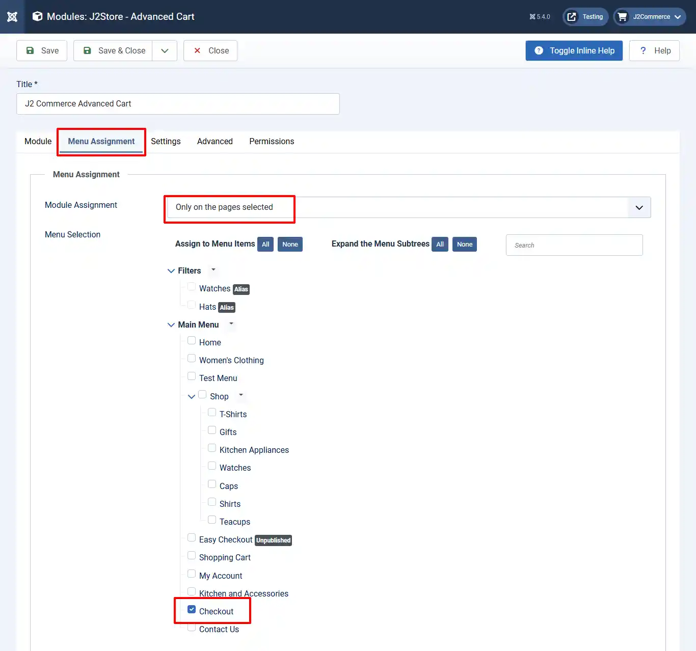 Advanced Cart module, Menu Assignment tab: Module Assignment set to Only on the pages selected, with the Checkout menu item checked