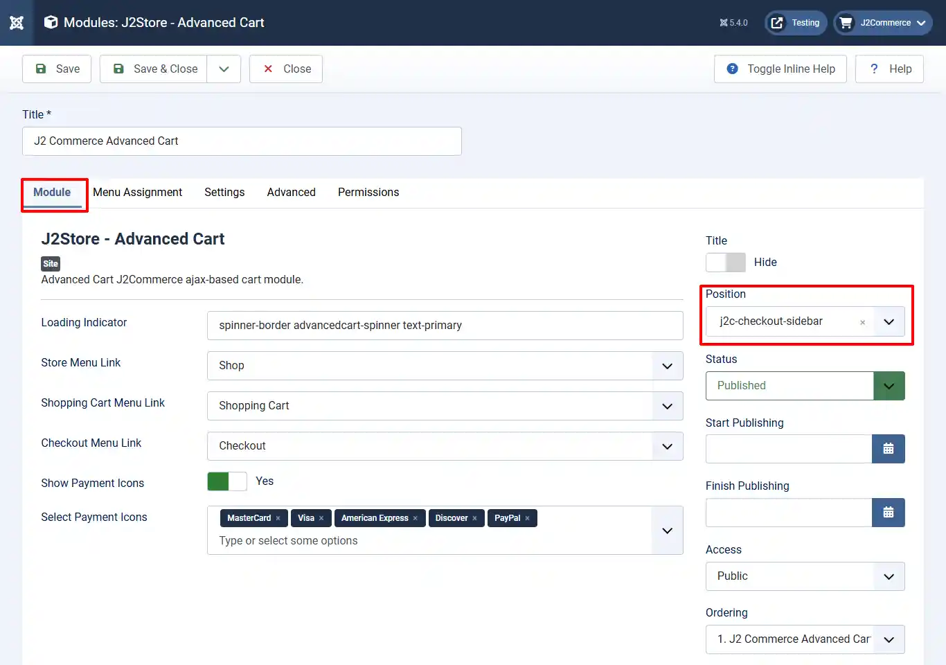 Advanced Cart module, Module tab: Position set to j2c-checkout-sidebar, Status Published, payment icons MasterCard, Visa, American Express, Discover, PayPal