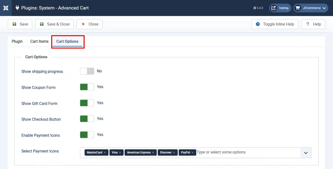 Advanced Cart system plugin, Cart Options tab highlighted: Show shipping progress No, coupon, gift card, checkout button and payment icons Yes