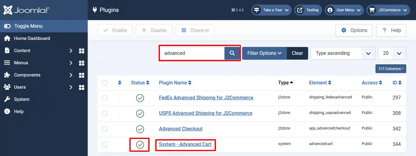 Joomla Plugins list searched for "advanced", with the System - Advanced Cart plugin enabled (green check) and its title highlighted
