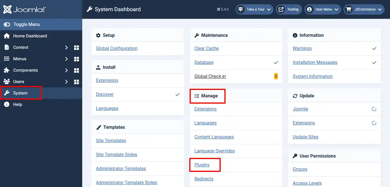Joomla System Dashboard with System in the sidebar and the Plugins link under Manage highlighted