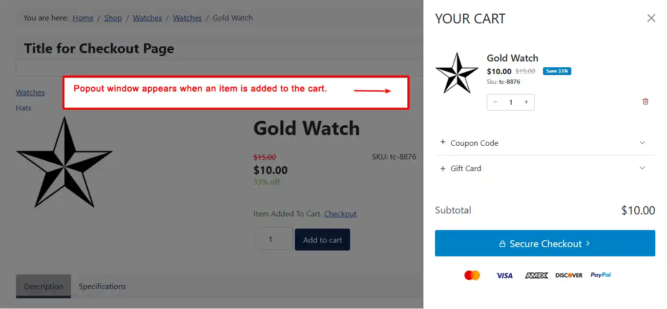 Product page with the Advanced Cart sidebar open on the right, showing Gold Watch, Coupon Code and Gift Card sections, Subtotal, Secure Checkout button and payment icons