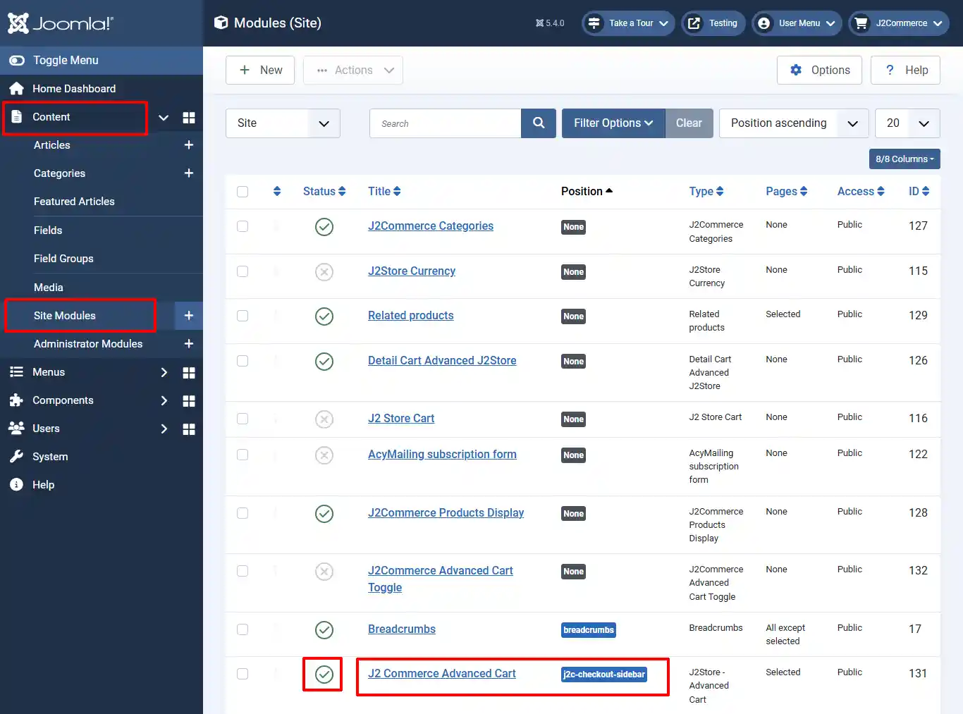 Joomla Site Modules list with Content and Site Modules highlighted, and the enabled J2 Commerce Advanced Cart module in position j2c-checkout-sidebar highlighted