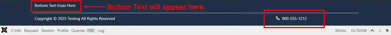 Checkout page footer with the Bottom Text Goes Here line highlighted above the copyright and phone number, showing where the Bottom Text setting appears