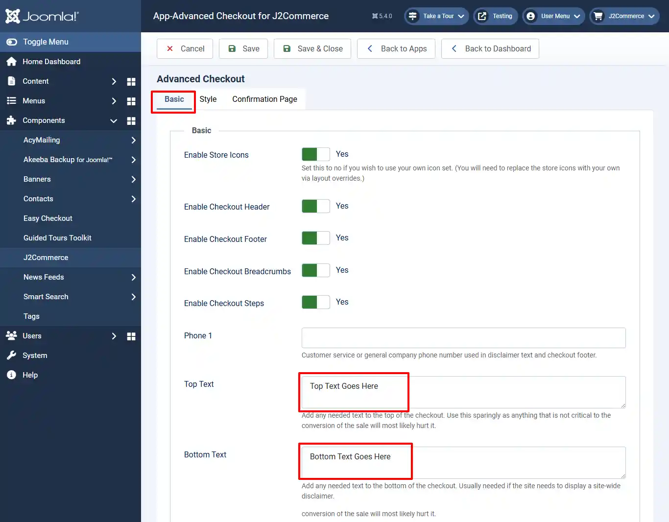 Advanced Checkout app settings, Basic tab highlighted: store icons, header, footer, breadcrumbs and steps set to Yes, with Top Text and Bottom Text fields highlighted