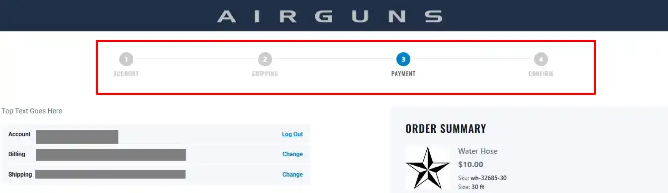 Checkout page with the step breadcrumbs highlighted: Account, Shipping, Payment and Confirm, with Payment as the current step