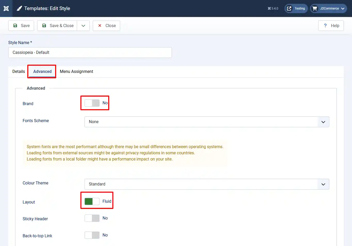 Joomla Templates: Edit Style for Cassiopeia - Default, Advanced tab: Brand set to No and Layout set to Fluid, both highlighted