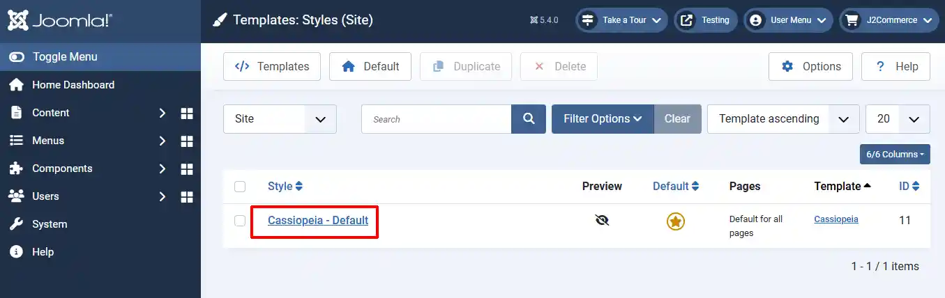 Joomla Templates: Styles (Site) list with the Cassiopeia - Default style highlighted as the default for all pages