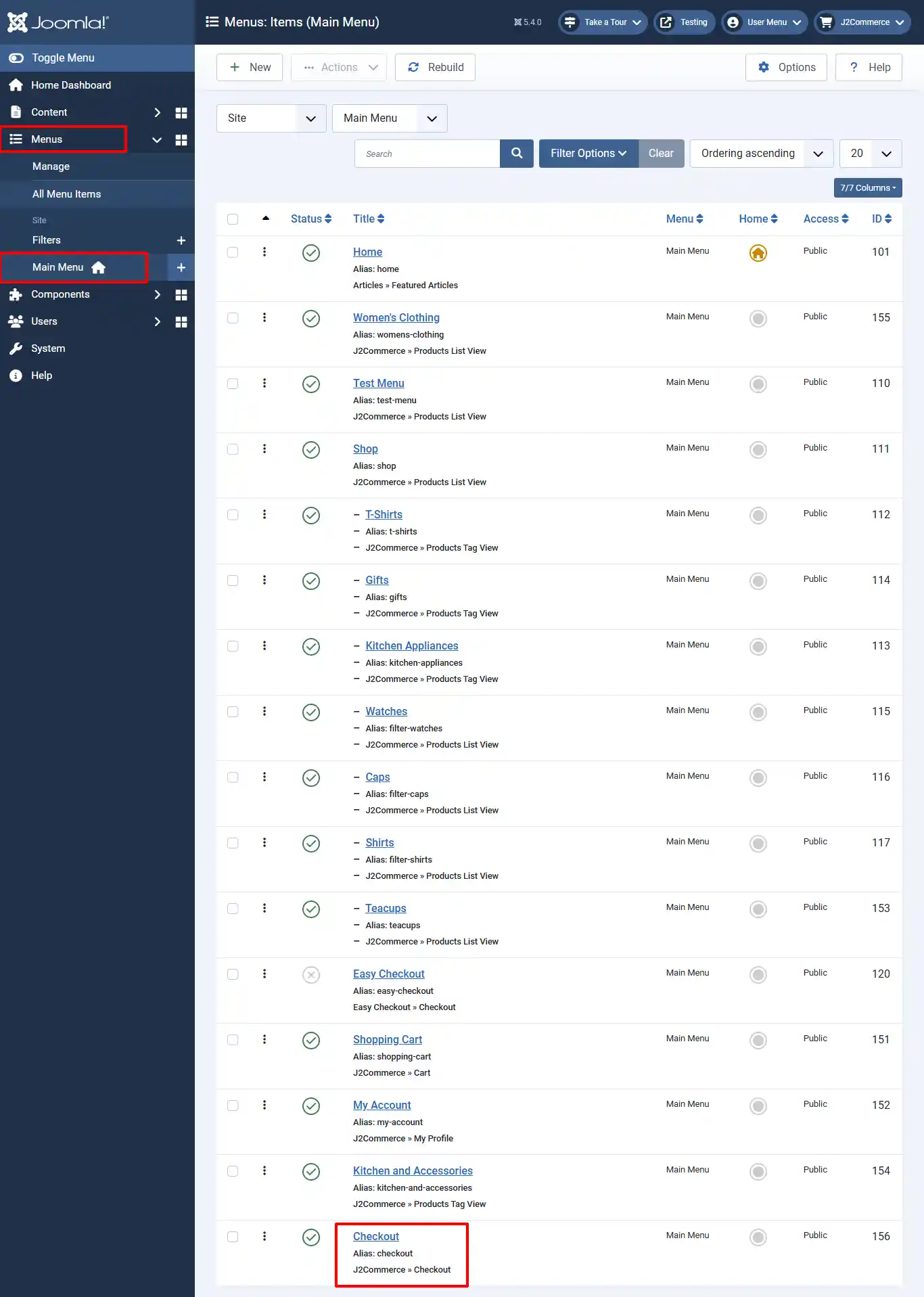 Joomla Menus: Items (Main Menu) list with Menus and Main Menu highlighted in the sidebar and the Checkout menu item highlighted at the bottom