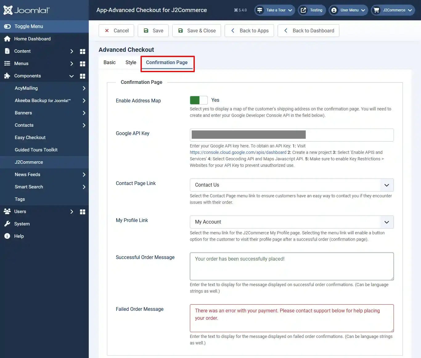 Advanced Checkout app, Confirmation Page tab highlighted: Enable Address Map Yes, Google API Key hidden, Contact Page Link, Successful and Failed Order Messages