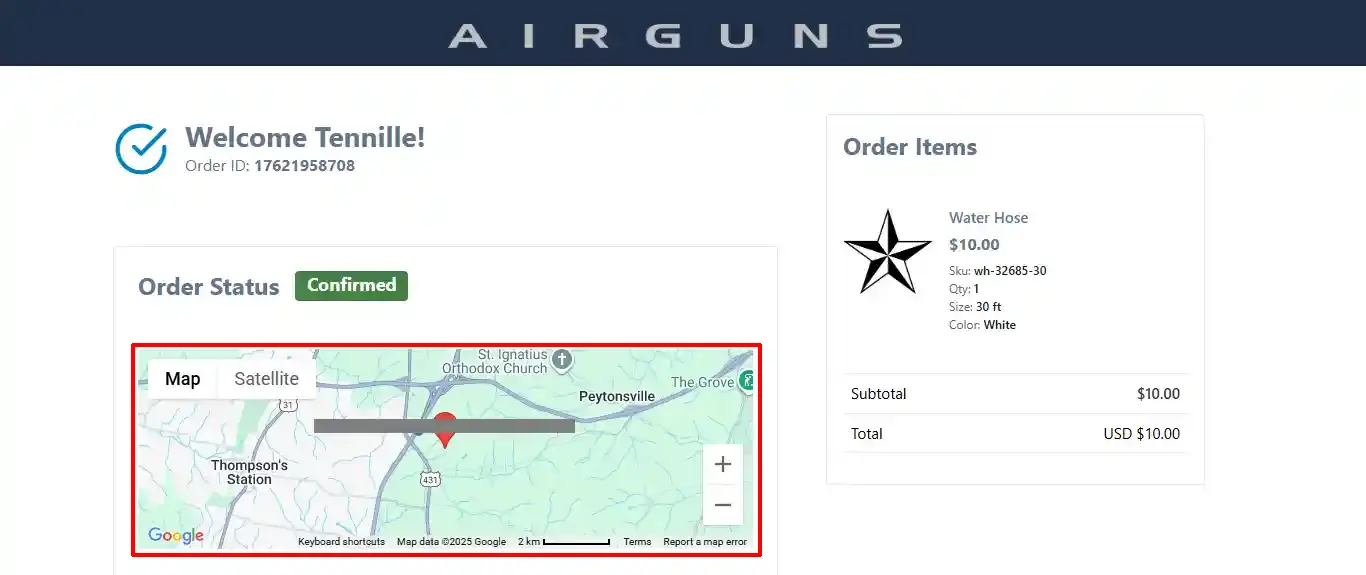 Order confirmation page with Confirmed status and a highlighted Google map of the customer's shipping address above the order items