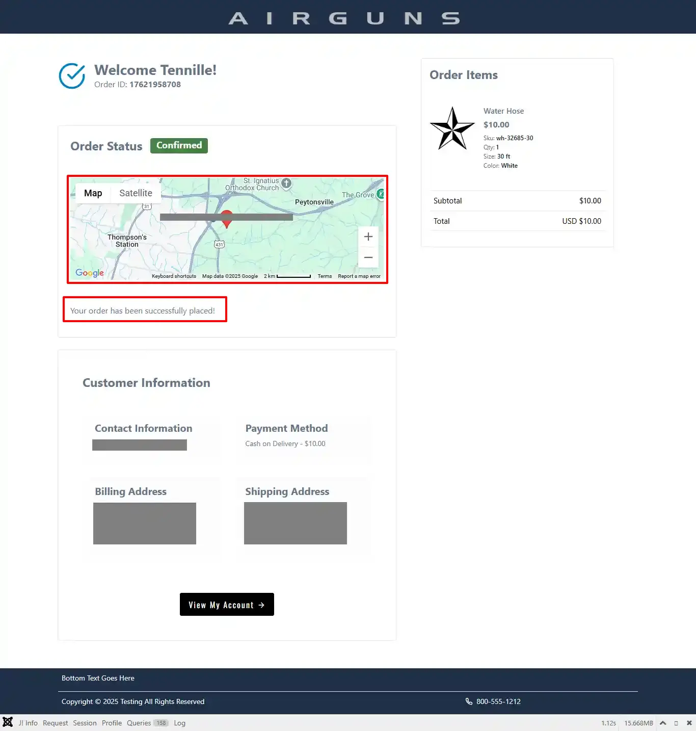 Order confirmation page with the address map and the "Your order has been successfully placed!" message highlighted, above customer information and View My Account button