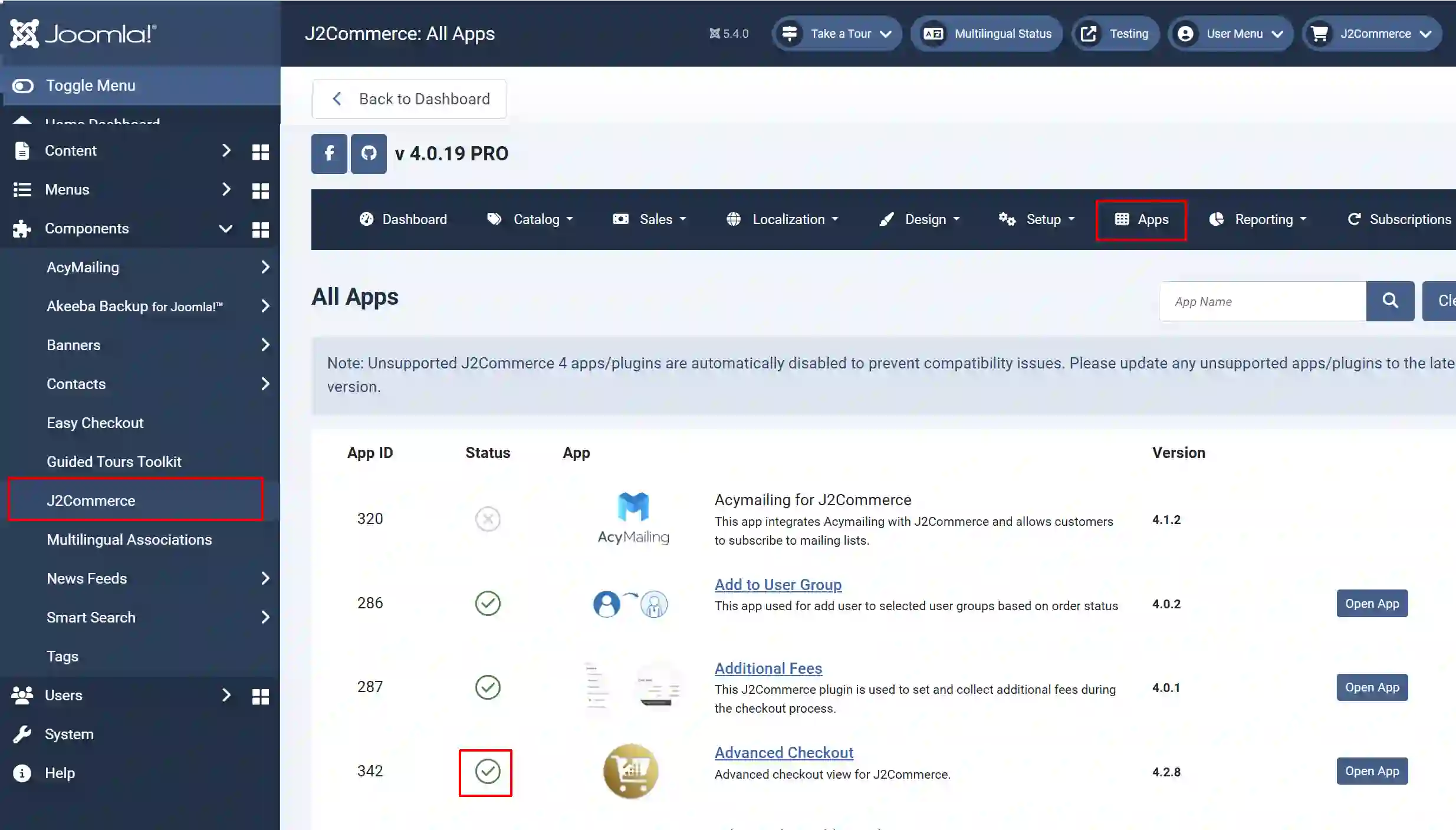 J2Commerce All Apps list with J2Commerce in the sidebar and Apps menu highlighted, and the enabled status check for Advanced Checkout highlighted