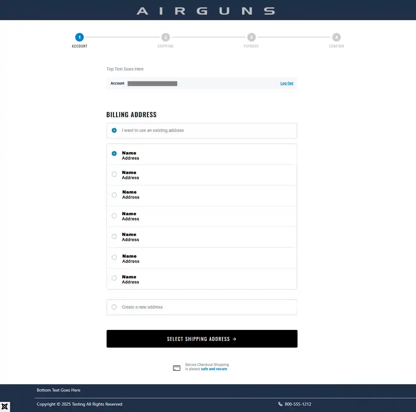 Checkout Account step with billing address choices, Top Text and Bottom Text shown, without the Advanced Cart sidebar