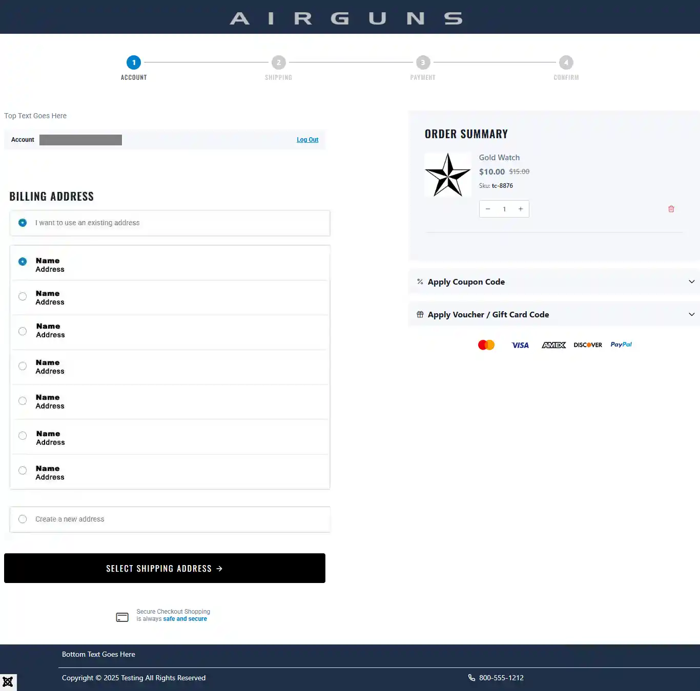 Checkout Account step with the Advanced Cart order summary on the right: Gold Watch, Apply Coupon Code, Apply Voucher / Gift Card Code and payment icons