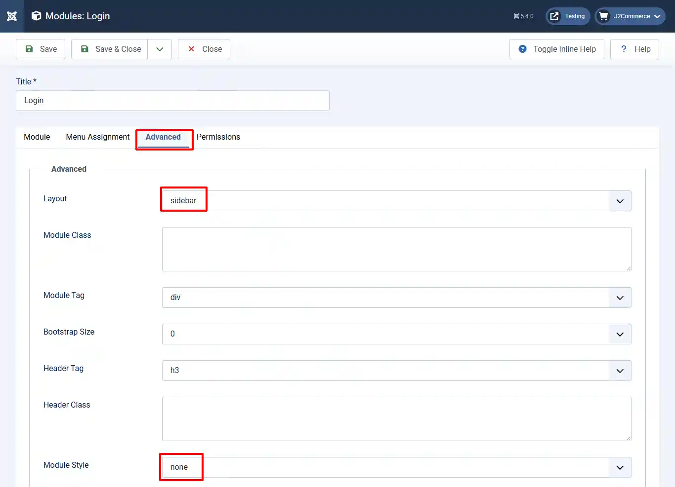 Login module, Advanced tab highlighted: Layout set to sidebar and Module Style set to none, both highlighted