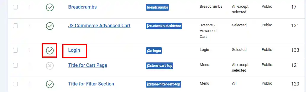 Joomla Site Modules list with the Login module in position j2c-login enabled (green check), with its status and title highlighted