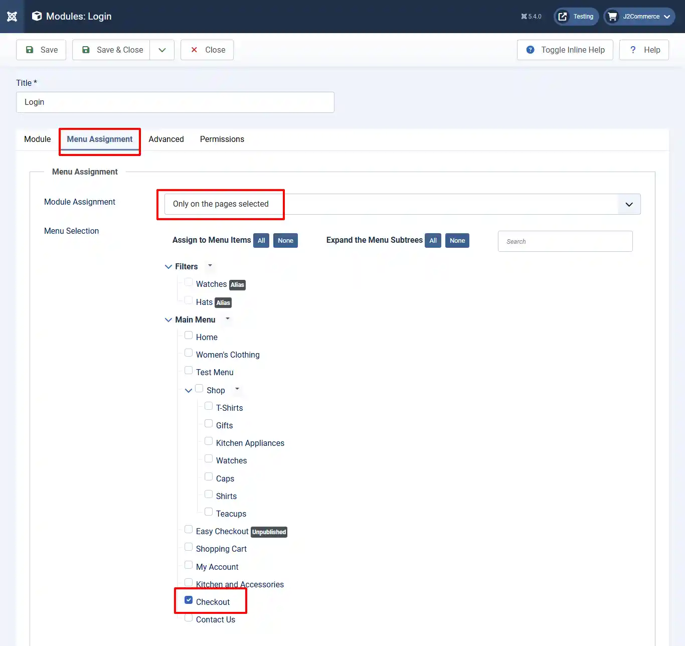 Login module, Menu Assignment tab: Module Assignment set to Only on the pages selected, with the Checkout menu item checked