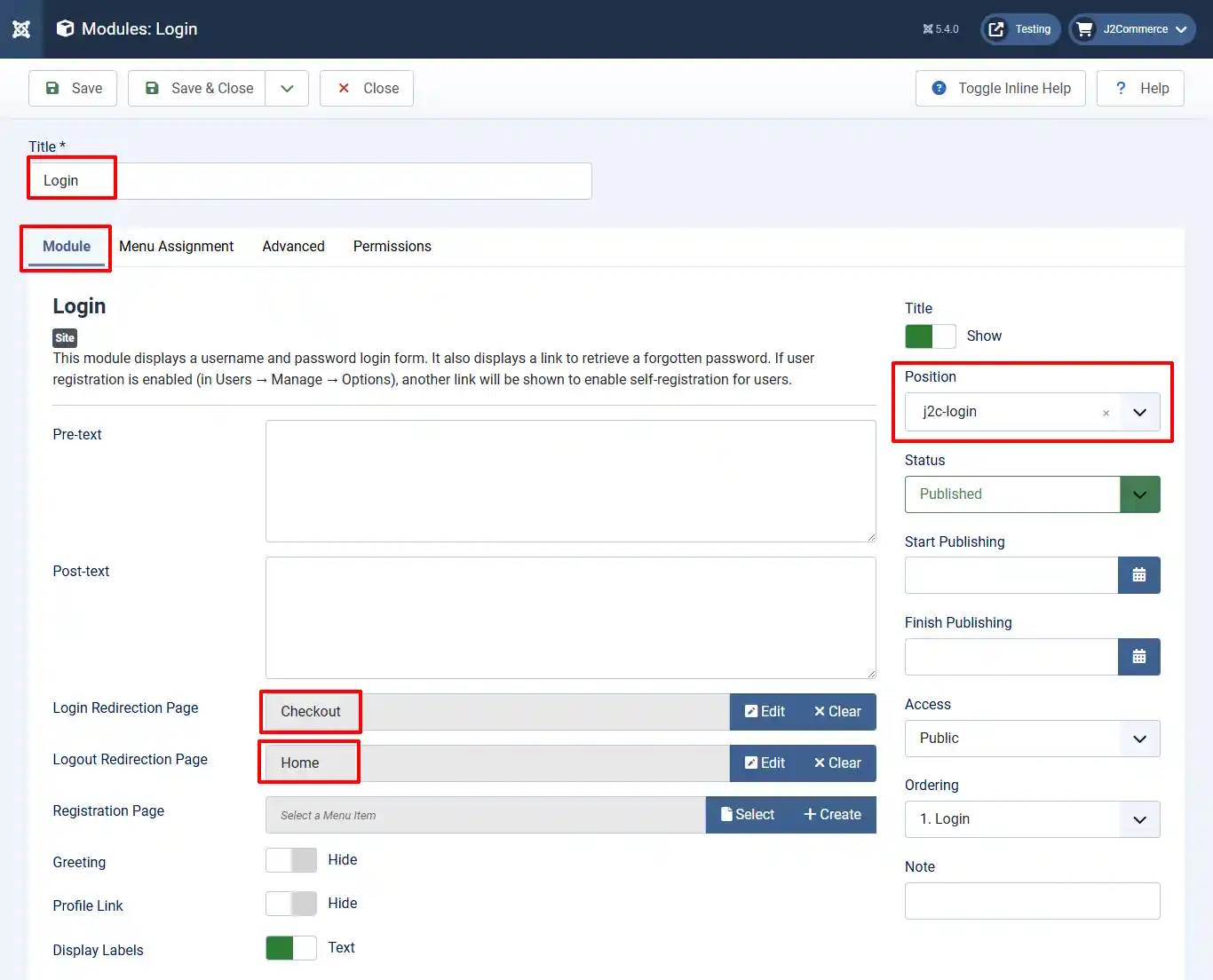 Login module, Module tab: Position j2c-login, Login Redirection Page set to Checkout, Logout Redirection Page set to Home, Status Published