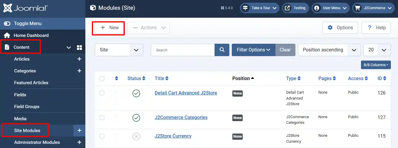 Joomla Modules (Site) list with Content and Site Modules highlighted in the sidebar and the New button highlighted