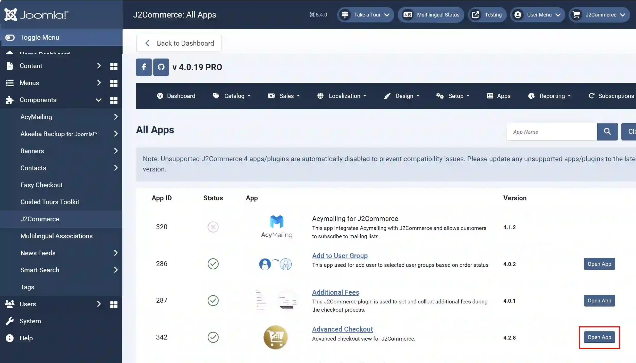 J2Commerce All Apps list with the Open App button highlighted on the Advanced Checkout row, which is enabled