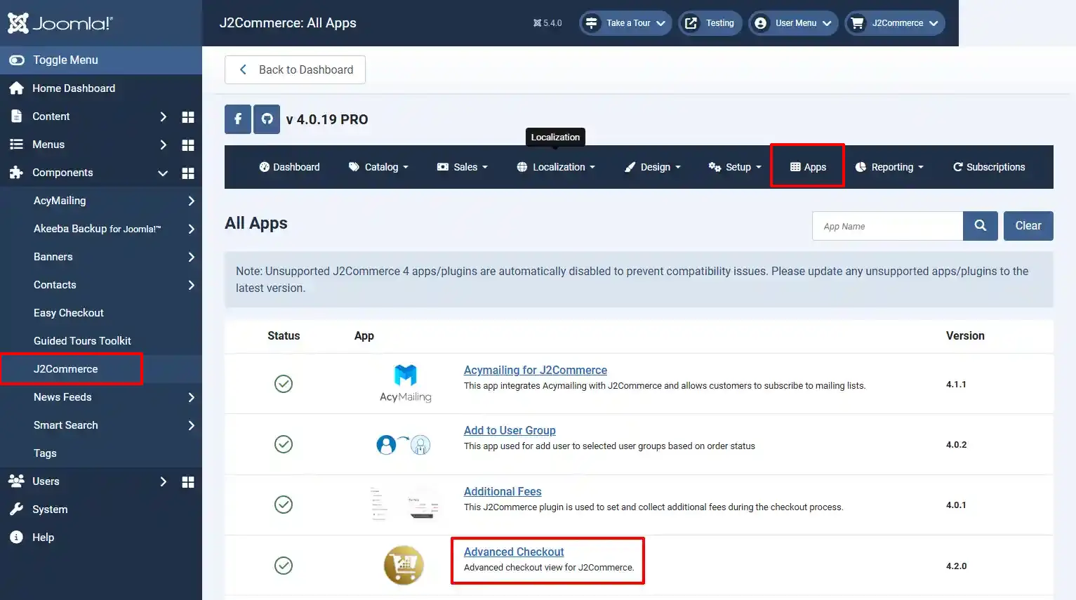 J2Commerce All Apps list with J2Commerce in the sidebar, Apps in the top menu and the Advanced Checkout app title highlighted