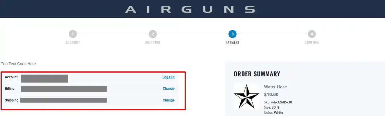 Checkout Payment step with the account, billing and shipping summary rows highlighted, each with a Log Out or Change link