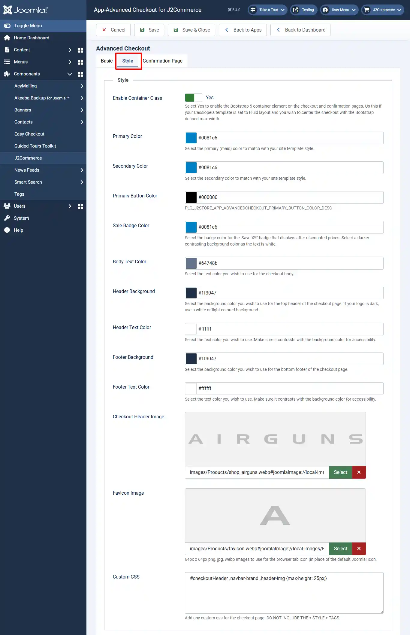 Advanced Checkout app, Style tab highlighted: container class Yes, color fields for primary, header and footer, header and favicon images, Custom CSS field