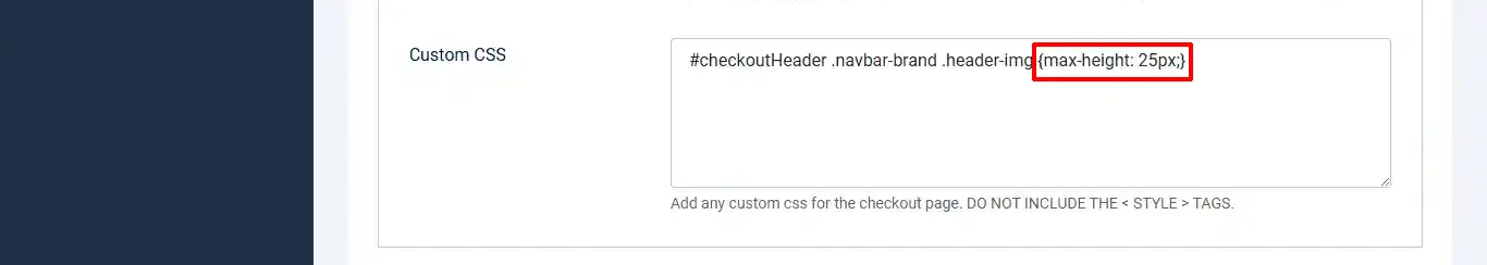 Advanced Checkout Style tab, Custom CSS field with the max-height 25px rule for the checkout header image highlighted