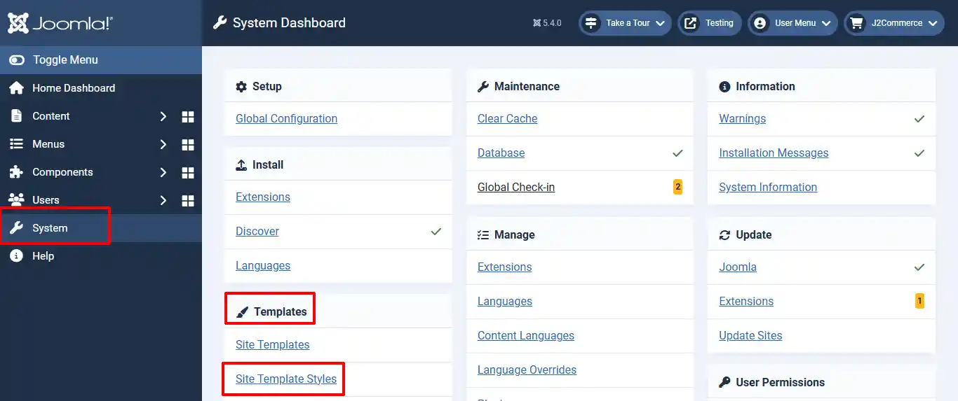 Joomla System Dashboard with System in the sidebar, the Templates group and the Site Template Styles link highlighted