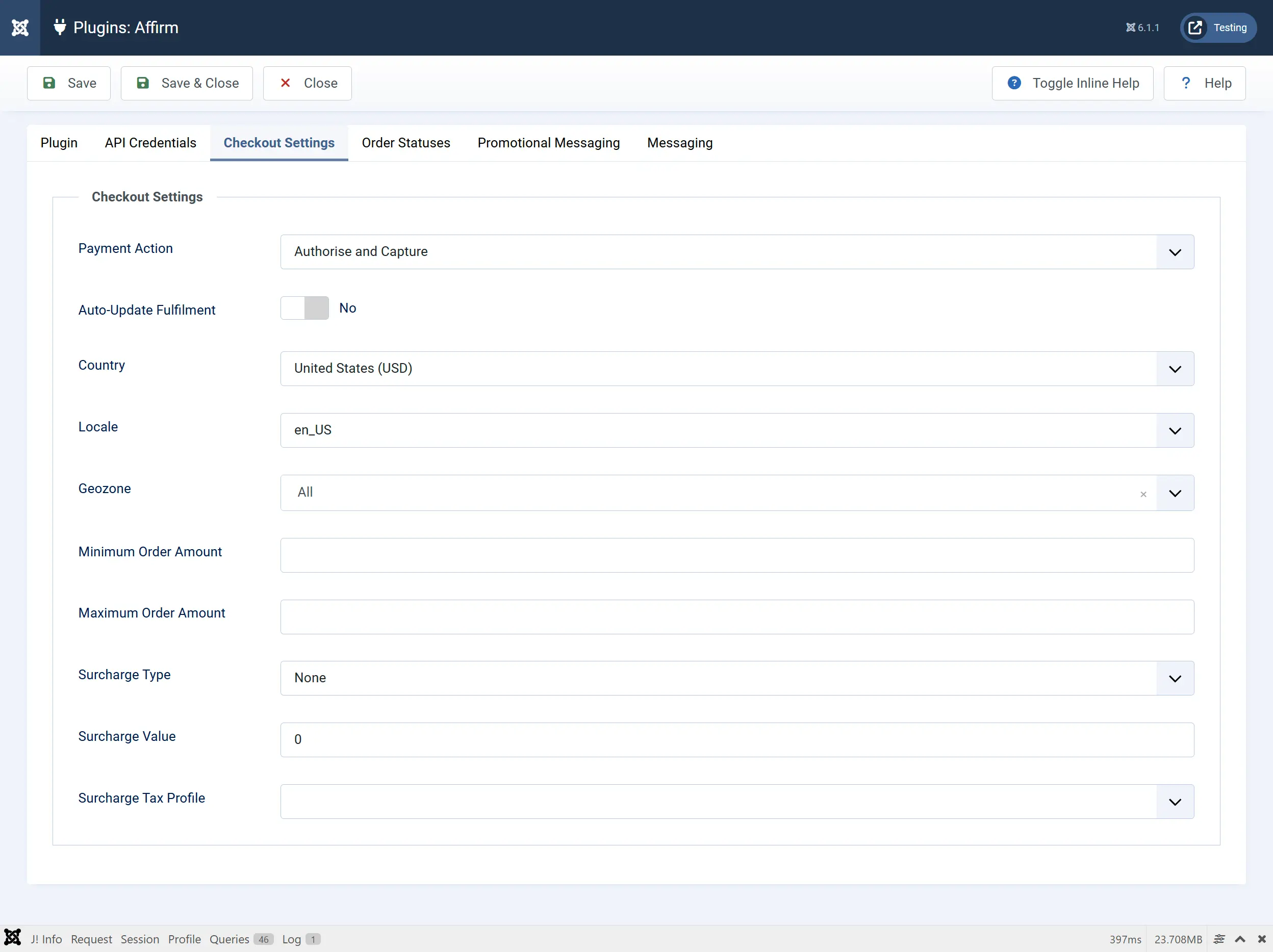 Affirm plugin, Checkout Settings tab: Payment Action Authorise and Capture, Country United States (USD), Locale en_US, Geozone All, Surcharge Type None