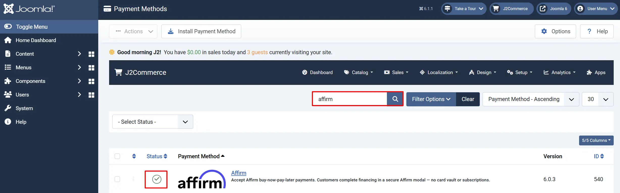 Payment Methods list searched for affirm, with the search box and the enabled Status check on the Affirm row outlined (version 6.0.3)
