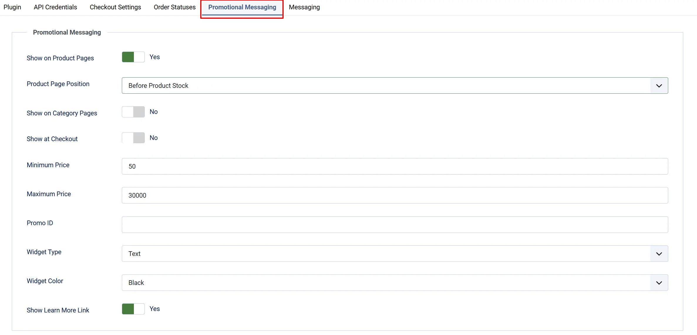 Affirm plugin, Promotional Messaging tab highlighted: Show on Product Pages Yes, Before Product Stock, Min Price 50, Max Price 30000, Widget Type Text, Black
