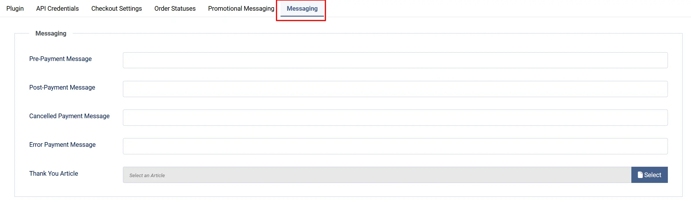 Affirm plugin, Messaging tab highlighted: empty Pre-Payment, Post-Payment, Cancelled Payment and Error Payment messages, and the Thank You Article picker
