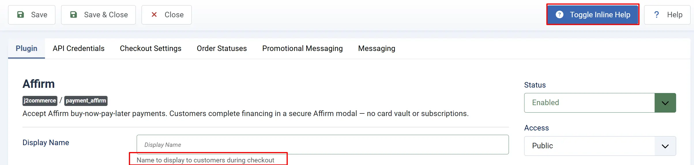 Affirm plugin with the Toggle Inline Help button highlighted and the help text Name to display to customers during checkout outlined under Display Name