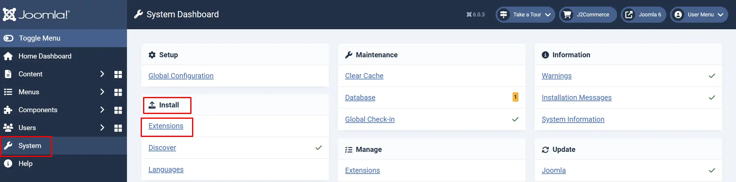 Joomla System Dashboard with the System sidebar entry, the Install group and its Extensions link highlighted