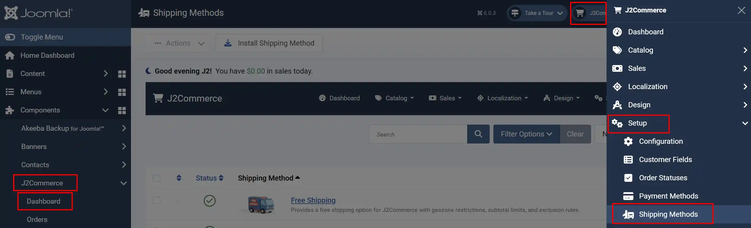 Joomla admin navigation to Shipping Methods: Components, J2Commerce, Dashboard, then the J2Commerce menu button with Setup and Shipping Methods highlighted