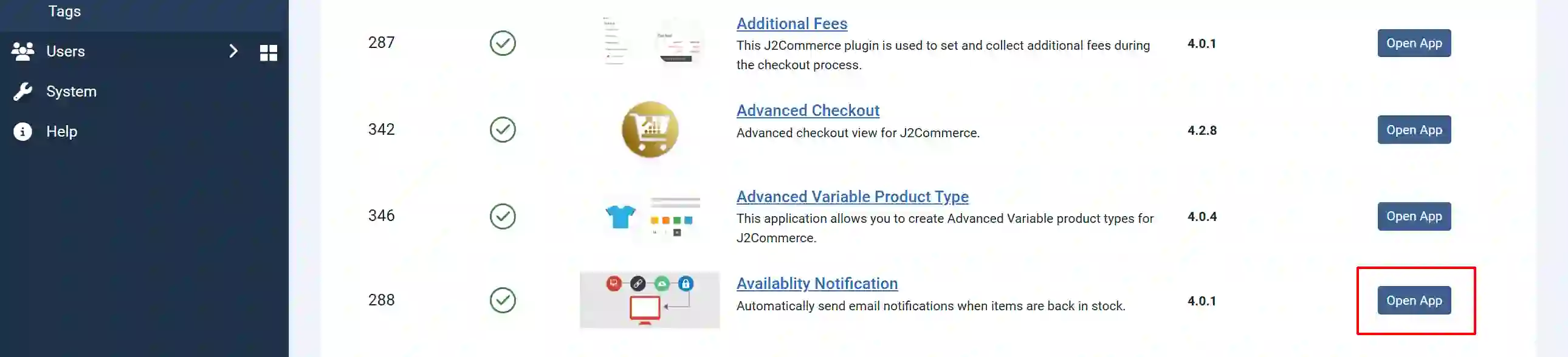 J2Commerce Apps list with the Open App button highlighted on the Availability Notification row, which is enabled