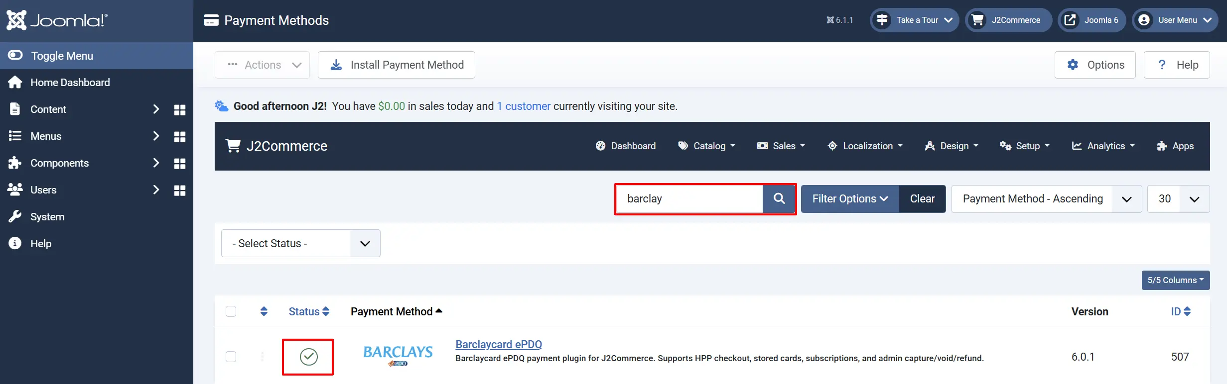 Payment Methods list searched for barclay, with the search box and the enabled Status check on the Barclaycard ePDQ row outlined (version 6.0.1)