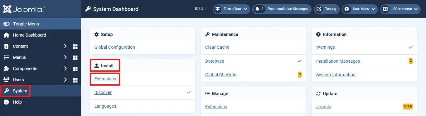 Joomla System Dashboard with System in the sidebar and the Extensions link under Install highlighted