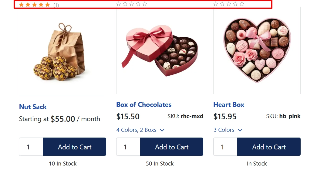 Category product cards for Nut Sack, Box of Chocolates and Heart Box with the row of review stars highlighted above each card, Nut Sack showing five stars and 1 review